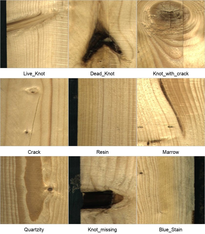 Neun Beispielausschnitte von Holzdefekten: lebender Ast, toter Ast, Ast mit Riss, Riss, Harz, Mark, Quarzigkeit, fehlender Ast, Blaufäule